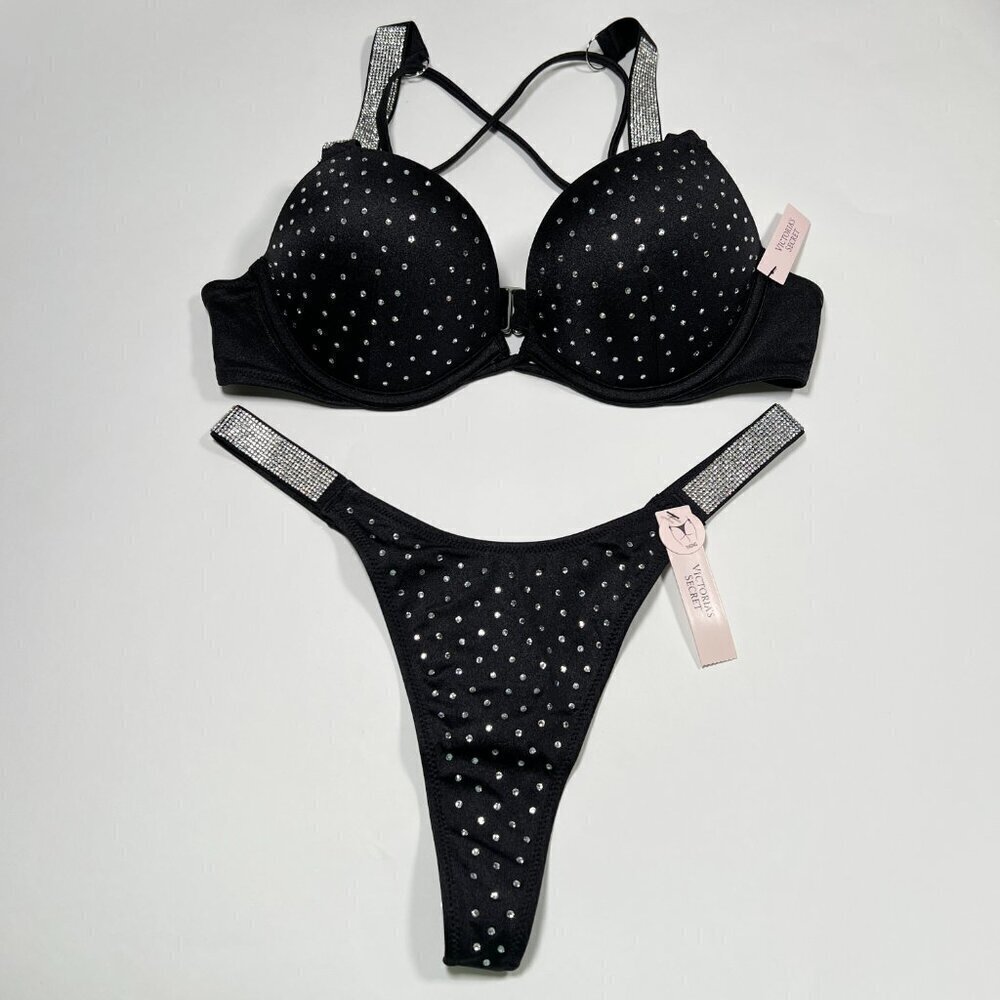 Victoria Secret 36D L Bombshell Push Up Bikini THONG Set Glam Shine Strap Black